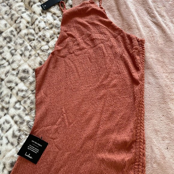 NWT Lulus Break the Rules Rusty Rose Ruched Asymmetrical Midi Dress (L) - Picture 8 of 9